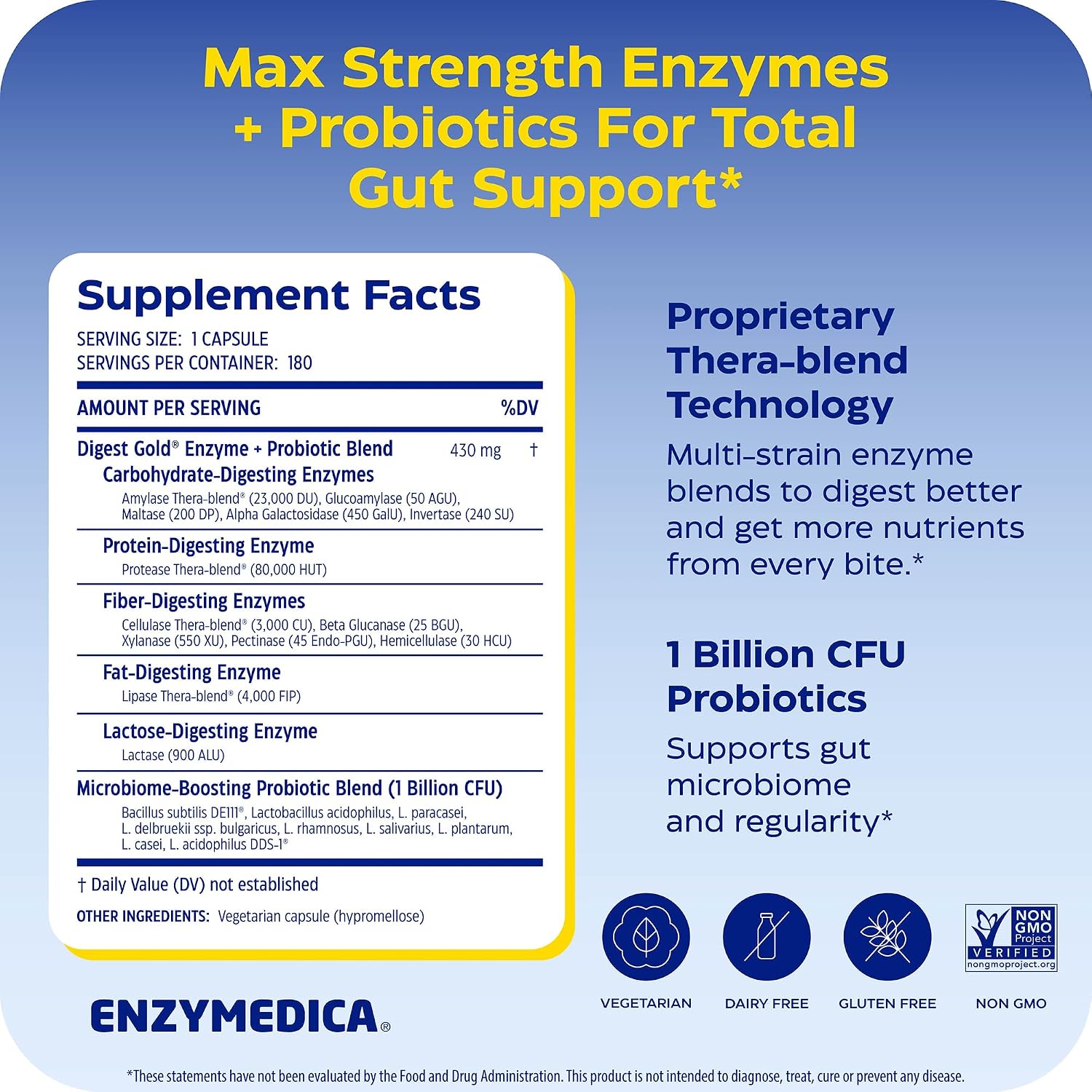 Enzymedica Digest Gold + Probiotics - Helps Gas & Bloating - 180 Caps