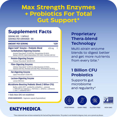 Enzymedica Digest Gold + Probiotics - Helps Gas & Bloating - 180 Caps