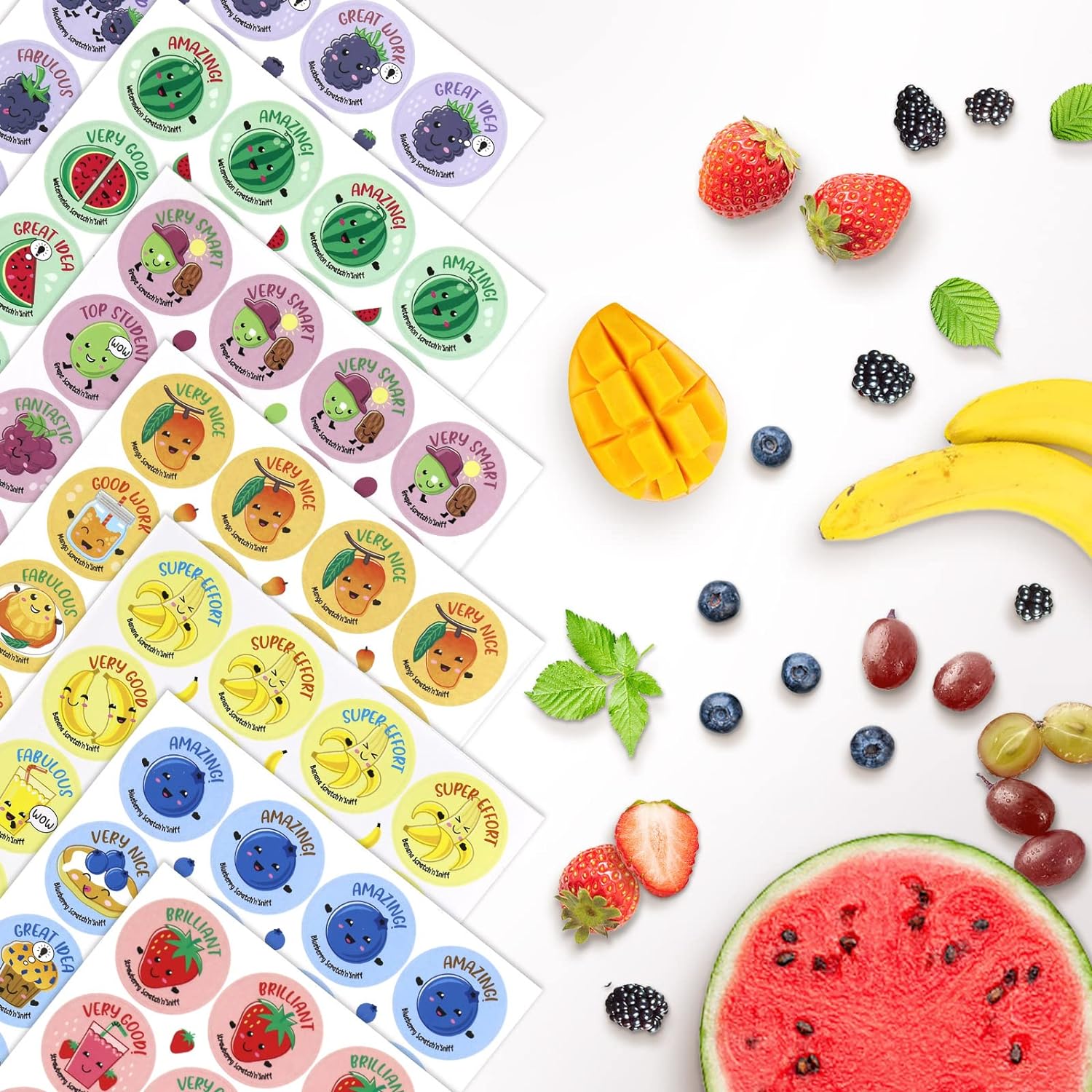 Scratch and Sniff Stickers, 1152 Pieces Fruits and Foods Smelly Stickers, 12 Different Scents, 48 Sheets, Reward Motivate Stickers for Kids, Teachers, Crafts, Party Favor, Christmas Gift