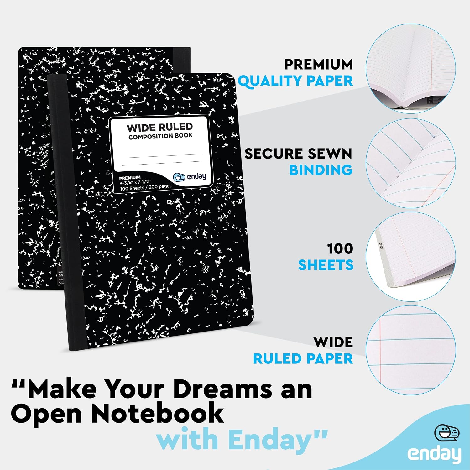 Enday Marble Composition Notebook Wide Ruled (2 Pack) 100 Sheets