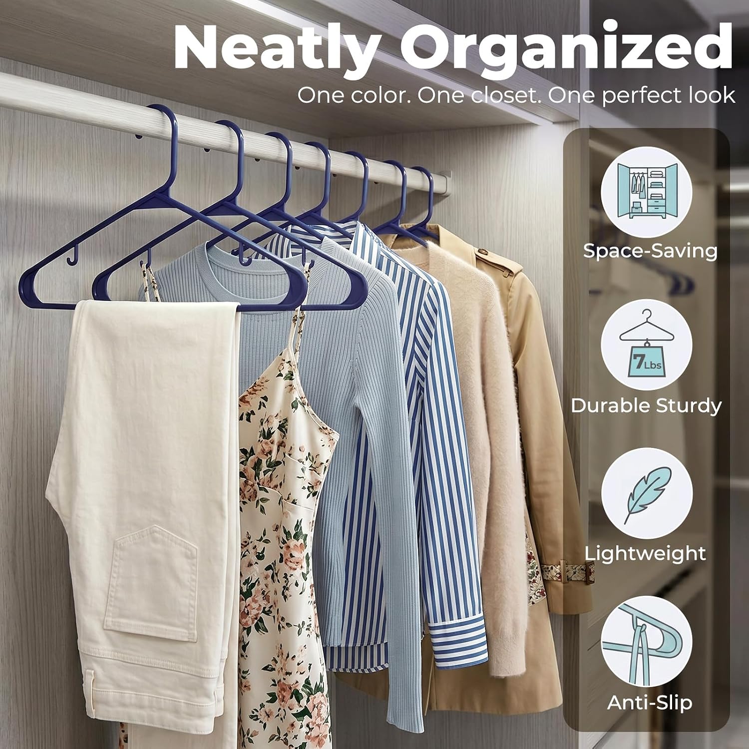 HOUSE DAY Blue Plastic Hangers 60 Pack, Slim Space-Saving Clothes Hangers
