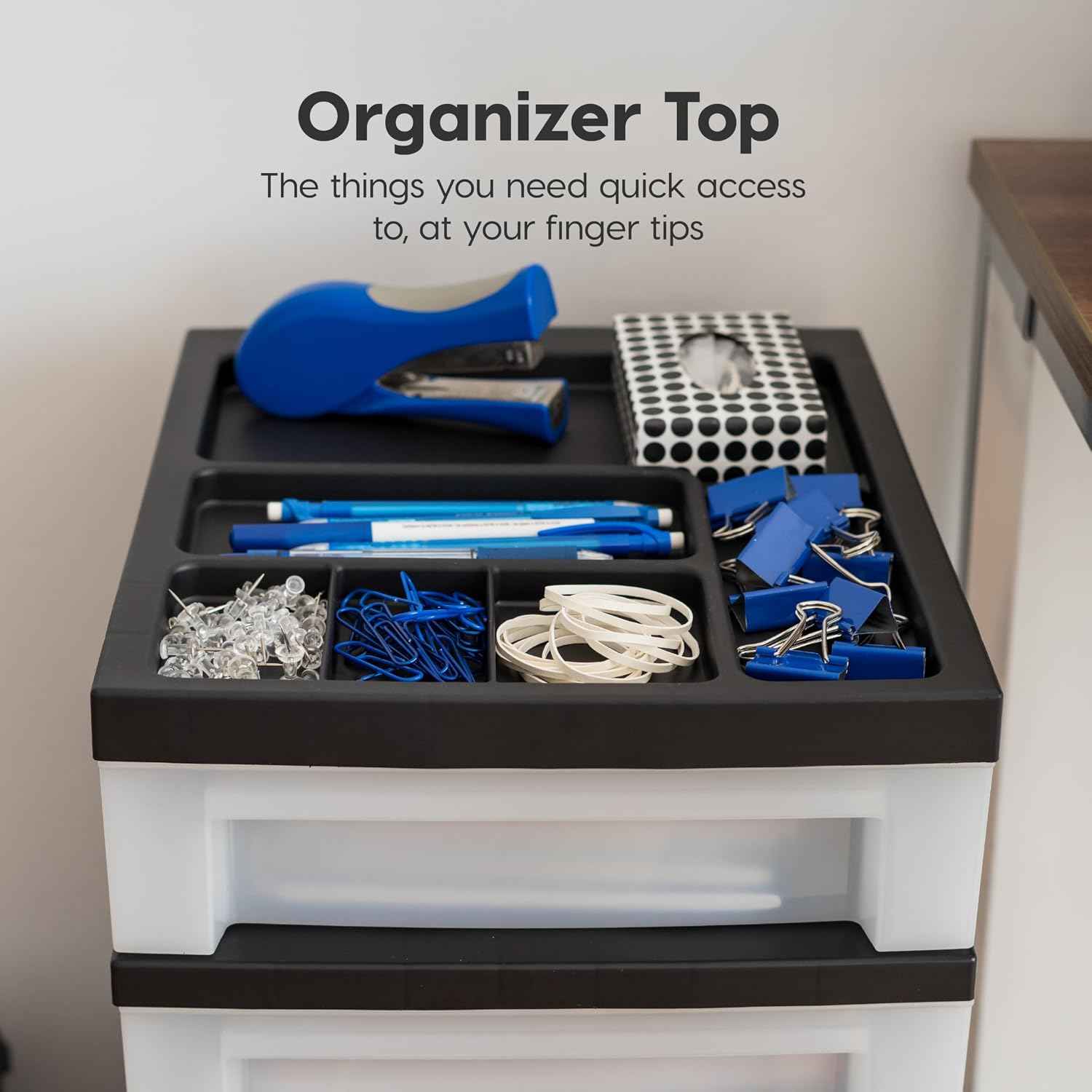 IRIS USA 4-Drawer Rolling Storage Cart with Organizer Top, Black/Pearl | Keep craft supplies, office essentials, classroom items, and accessories organized with easy-access drawers for daily use