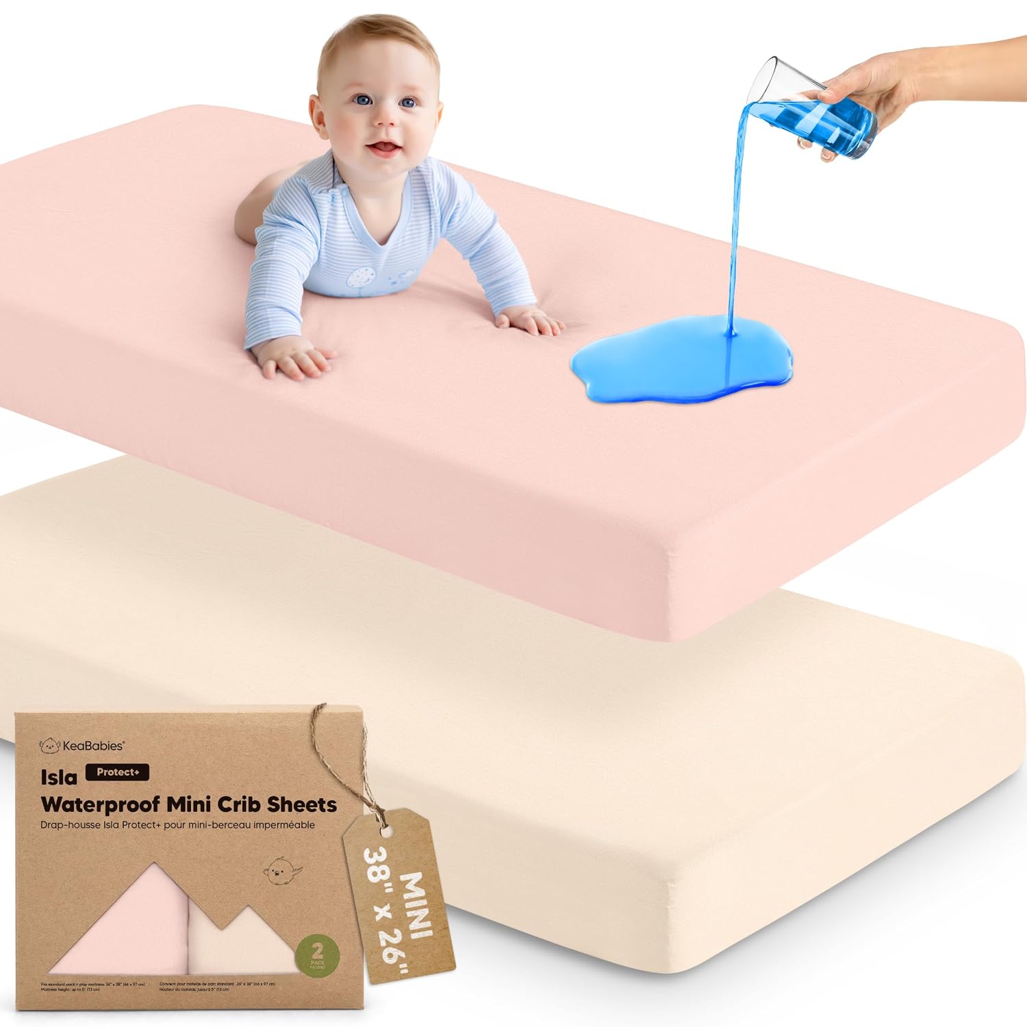 2-Pack Waterproof Pack and Play Sheets, Mini Crib Sheets Fitted (Cameo)
