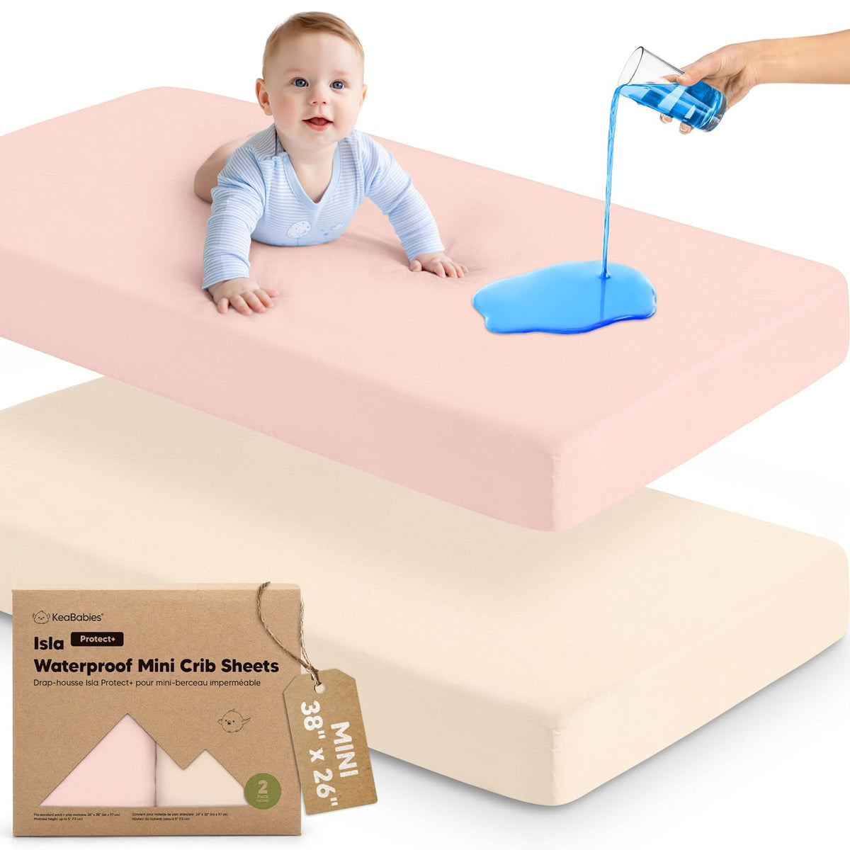 2-Pack Waterproof Pack and Play Sheets, Mini Crib Sheets Fitted (Cameo)