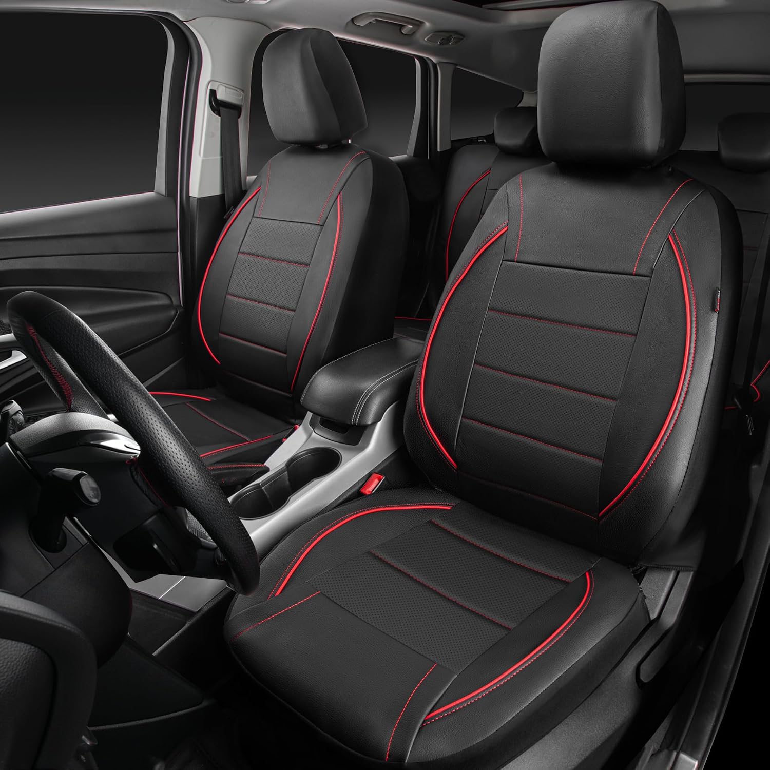 CAR PASS Universal FIT Piping Leather Two Front Seat Covers, Waterproof Faux Leather for SUV Sedan Van Truck, Airbag Compatible,Reserved Opening Holes for Headrest Covers. (Black red)