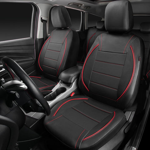CAR PASS Universal FIT Piping Leather Two Front Seat Covers, Waterproof Faux Leather for SUV Sedan Van Truck, Airbag Compatible,Reserved Opening Holes for Headrest Covers. (Black red)