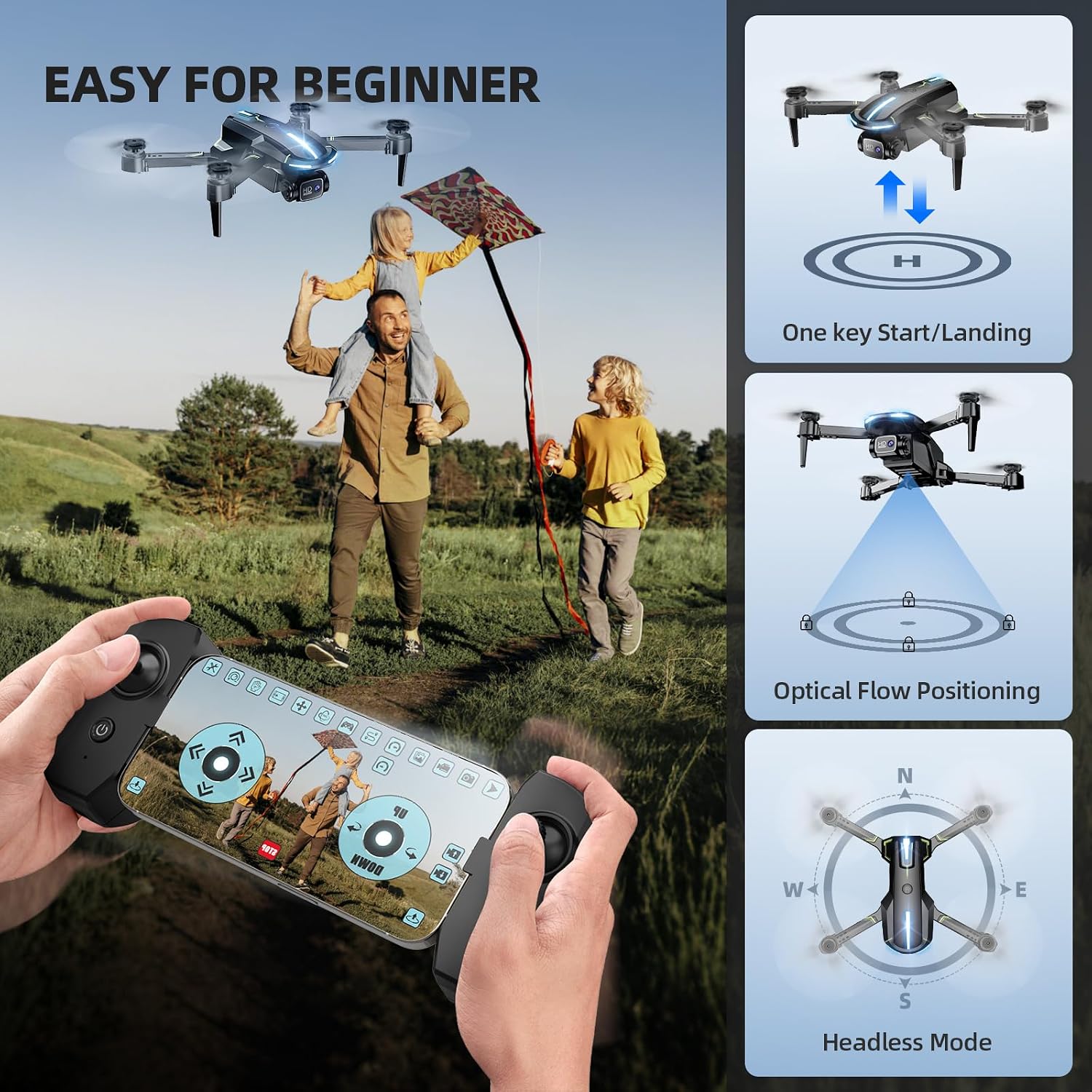 Drone with Camera 1080P HD FPV Foldable Mini Drone for Beginners Kids Adults, Drone with One Key Take Off/Landing, Gesture Selfie, Altitude Hold, 3D Flip, Easy to Fly, 2 Batteries, Toys for Boys Girls