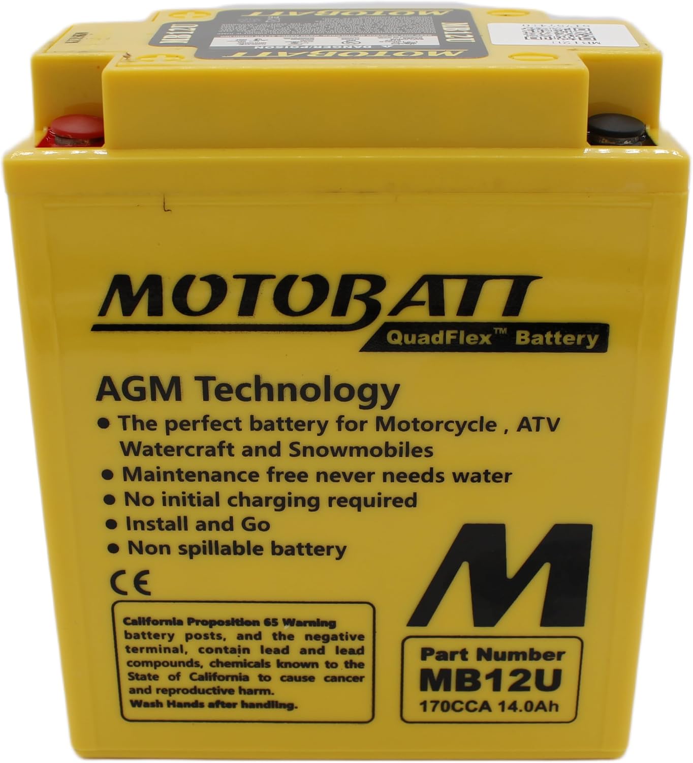 MotoBatt MB12U (12V 15 Amp) 160CCA Factory Activated QuadFlex AGM Battery Large
