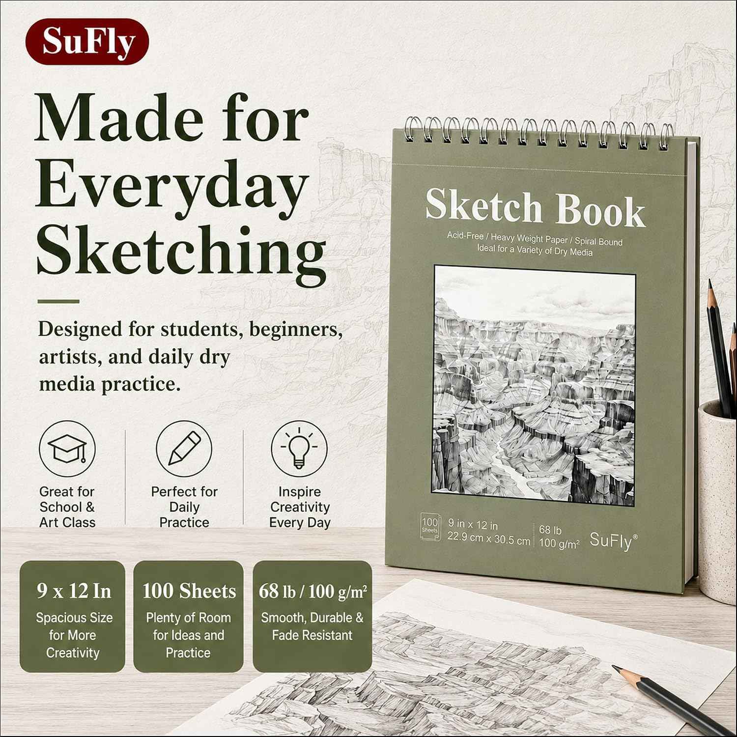 SuFly Sketch Book 9x12, 100-Sheet Drawing Paper Pad, 68lb/100gsm, Acid-Free