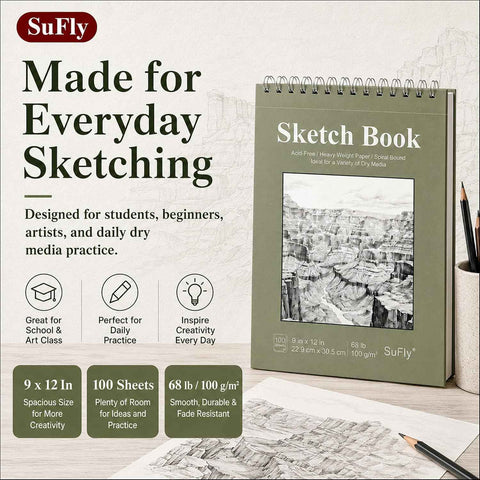 SuFly Sketch Book 9x12, 100-Sheet Drawing Paper Pad, 68lb/100gsm, Acid-Free