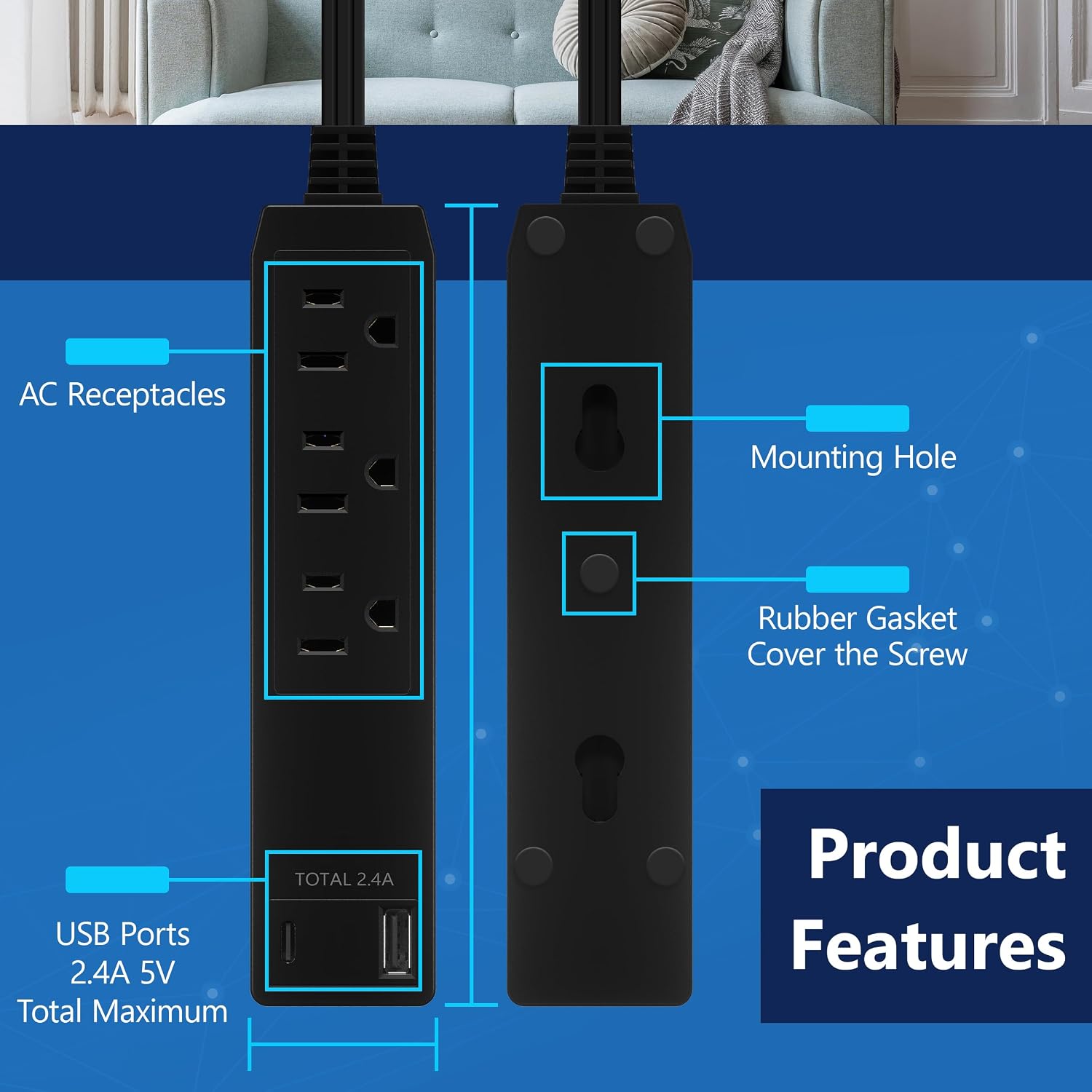 LIDER Outlet Extender with 3 Receptacles, 12W USB-A & USB-C, Flat-Face