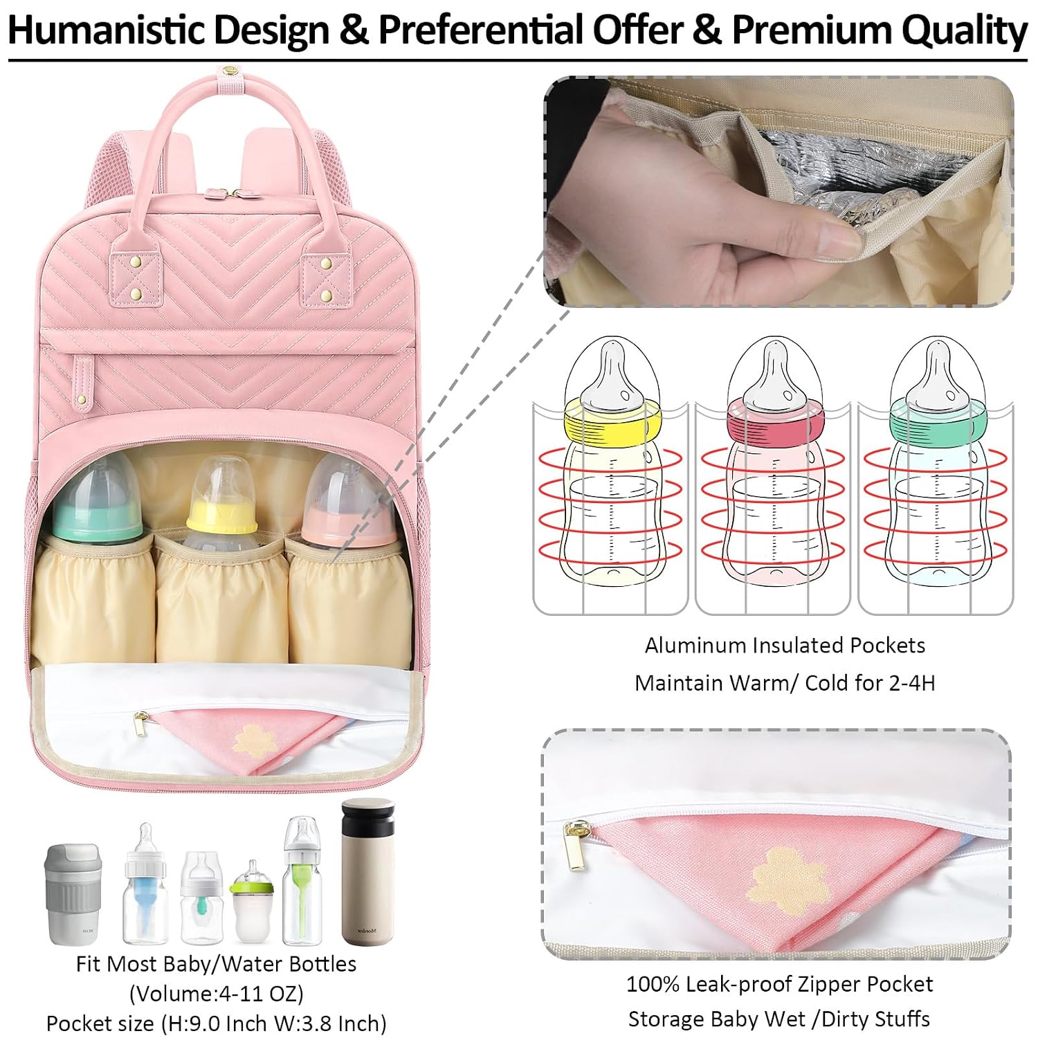 Tenot Diaper Bag Backpack for Women with Insulated Pockets Baby Pink