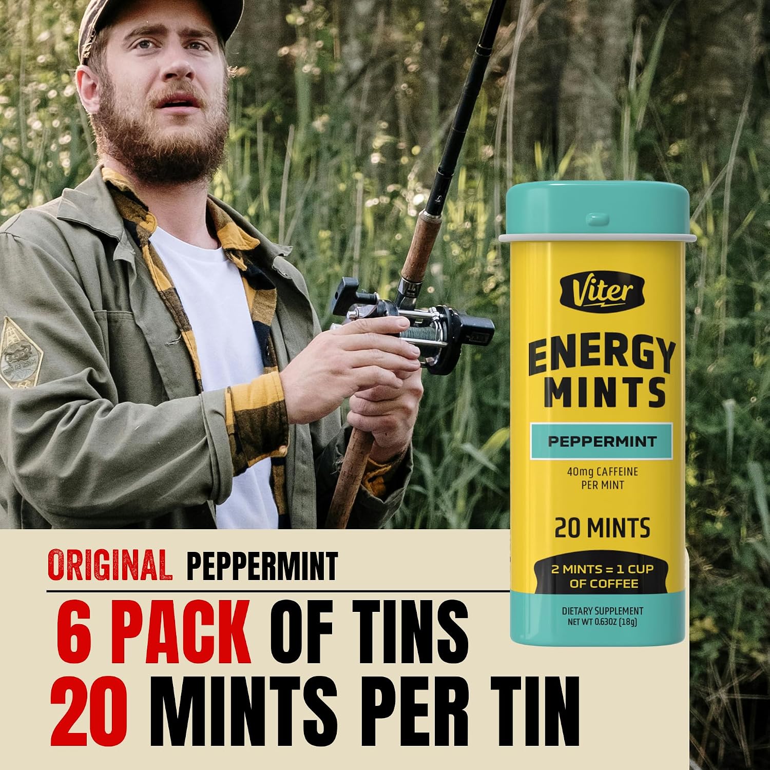 Viter Energy Caffeine Mints 40mg, Sugar Free, Peppermint, 20ct, 6 Pack