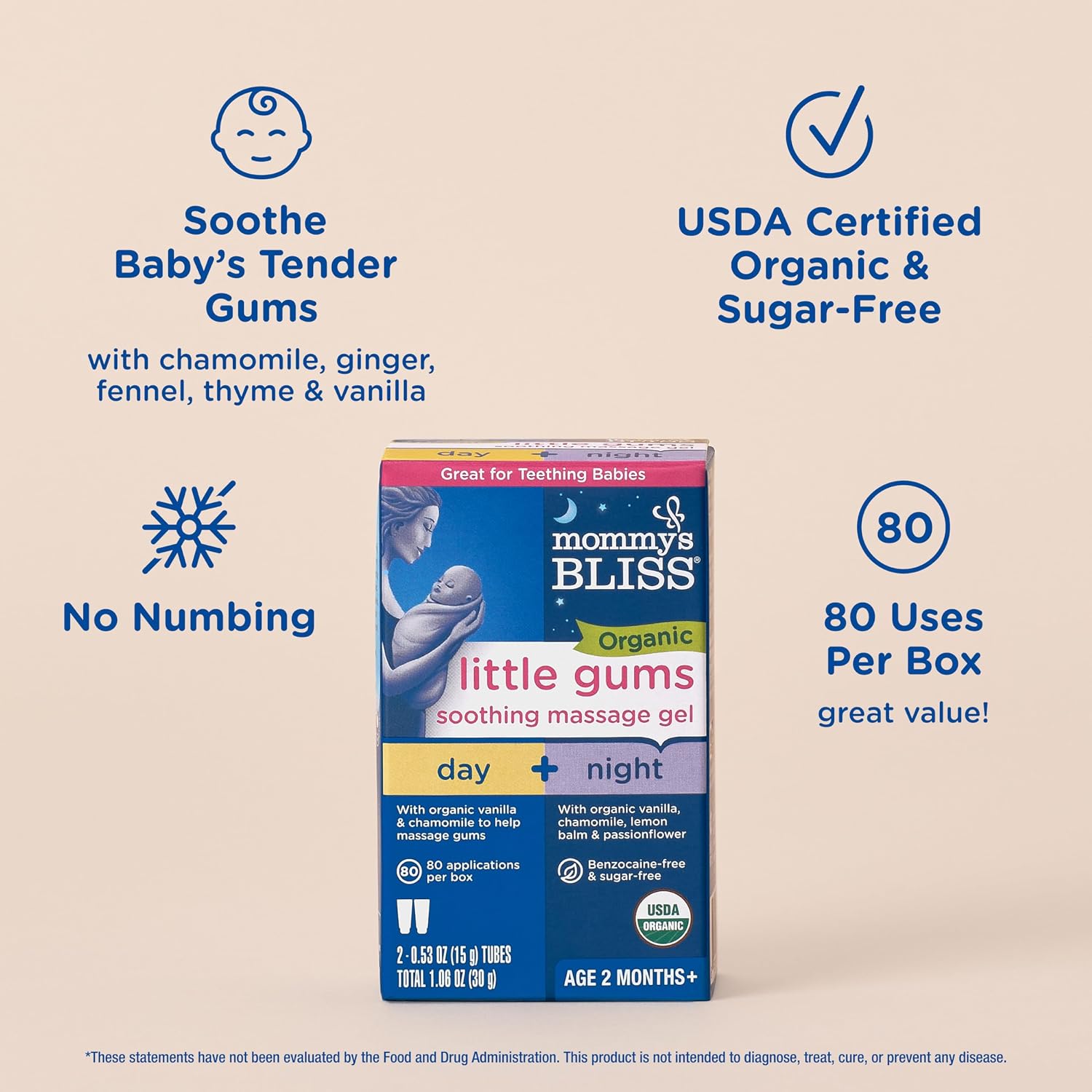 Mommy's Bliss Organic Little Gums Soothing Massage Gel Day and Night Combo, Great for Teething Babies, Age 2 Months+, Sugar Free, Mild & Sweet Flavor, 2 - 0.53 Oz Tubes (Pack of 1)