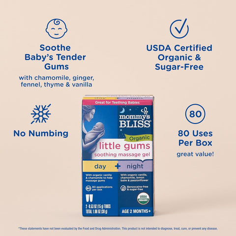Mommy's Bliss Organic Little Gums Soothing Massage Gel Day and Night Combo, Great for Teething Babies, Age 2 Months+, Sugar Free, Mild & Sweet Flavor, 2 - 0.53 Oz Tubes (Pack of 1)