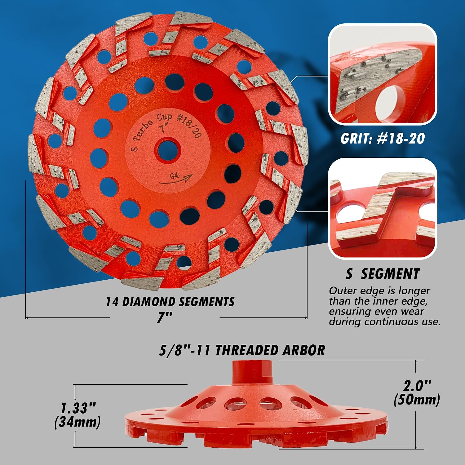 7" Diamond Grind Wheel 14 S Seg Concrete & Coating 5/8"-11 Threaded Arbor