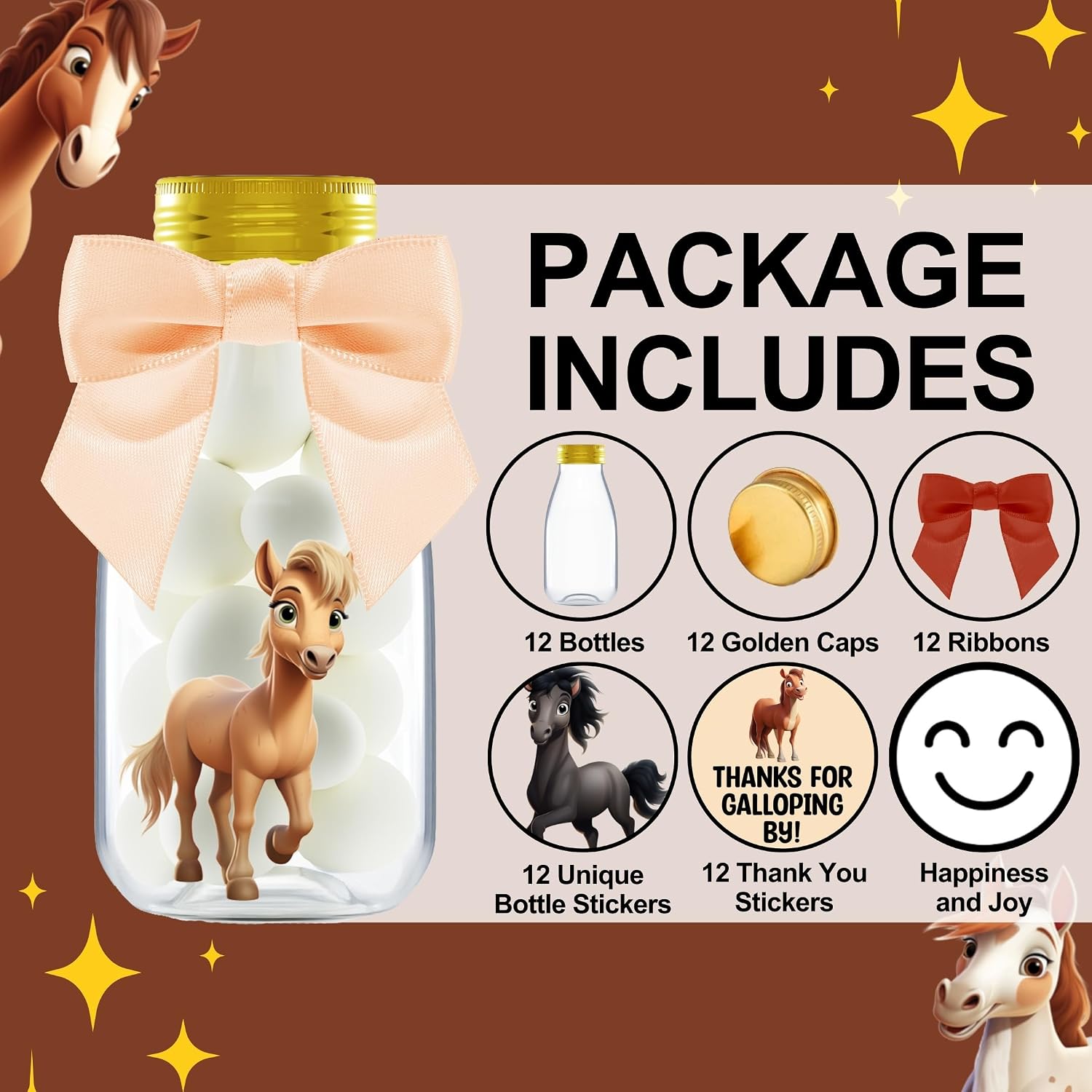 Ethisa Small 12 Pack Horse Party Favors - DIY Candy Jars with Ribbons and Stickers - Cowboy Party Decoration Bottles for Birthday, School Classroom, and Baby Shower - Horse Racing Table Centerpiece