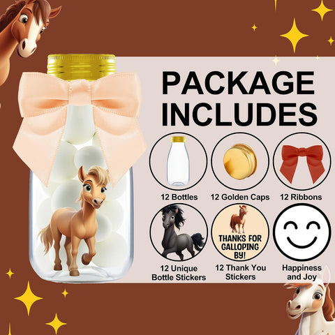 Ethisa Small 12 Pack Horse Party Favors - DIY Candy Jars with Ribbons and Stickers - Cowboy Party Decoration Bottles for Birthday, School Classroom, and Baby Shower - Horse Racing Table Centerpiece