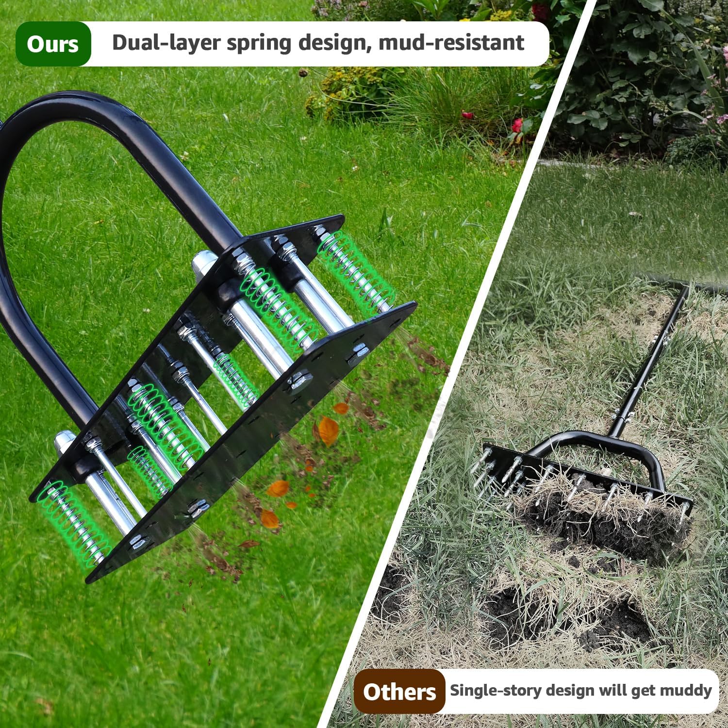 Lawn Aerator, Automatic Dirt and Leaf Clean Design, Heavy Duty Manual Lawn Aerator Tool with 15 Iron Spikes, Height Adjustable, Yard Grass Aerator for Lawn(Black with Orange)