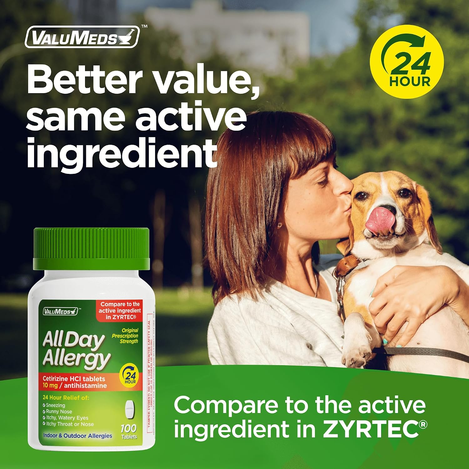 ValuMeds 24-Hour Allergy Medicine Antihistamine for Pollen, Hay Fever, Dry, Itchy Eyes, Allergies | Cetirizine HCl 10mg Caplets, Compare to Leading Brand (100 Count)