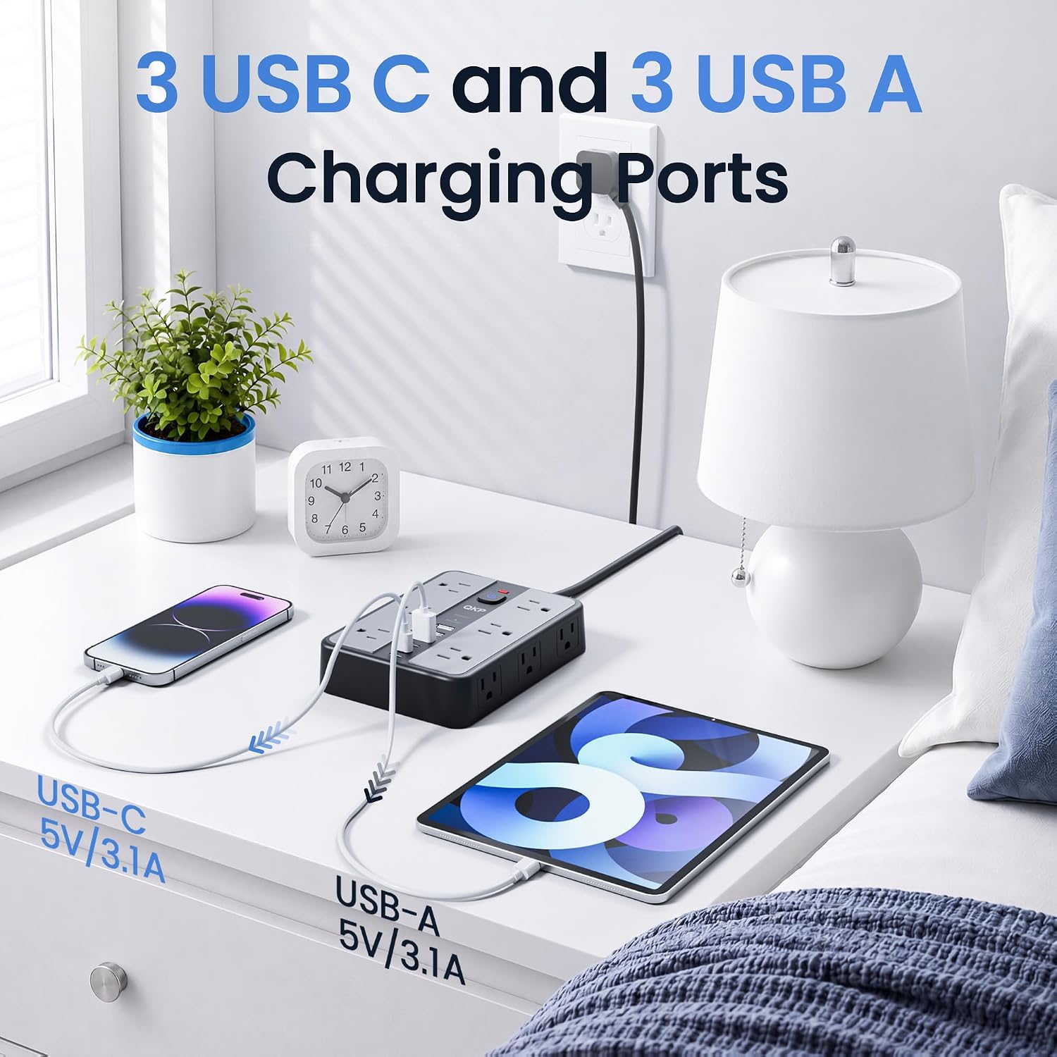 2400J Surge Protector Power Strip with 12 Outlets, 6 USB (3 USB C), 6 FT