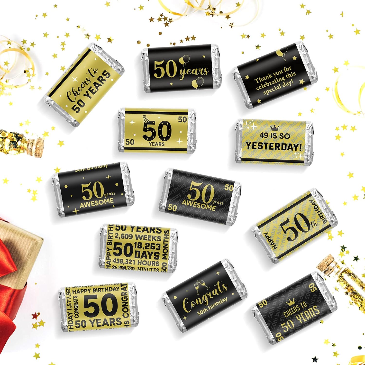 Tenare 90 Pcs 50th Birthday Candy Wrappers, Black and Gold Stickers