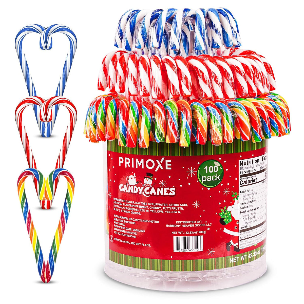 Christmas Candy Canes Assorted Flavors, Tutti Frutti, Blue & White Peppermint Sticks, Red Cherry Mix, Large Candy Canes Individually Wrapped Bulk Christmas Candy for Décor, Parties & Gifts – 100 Count
