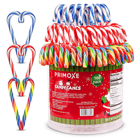 Christmas Candy Canes Assorted Flavors, Tutti Frutti, Blue & White Peppermint Sticks, Red Cherry Mix, Large Candy Canes Individually Wrapped Bulk Christmas Candy for Décor, Parties & Gifts – 100 Count