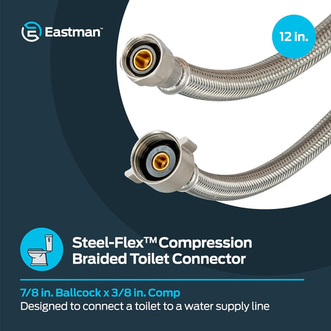 Eastman 12 Inch Flexible Toilet Connector, 7/8 Inch Ballcock x 3/8 Inch Compression, Stainless Steel Braided Hose, 48088