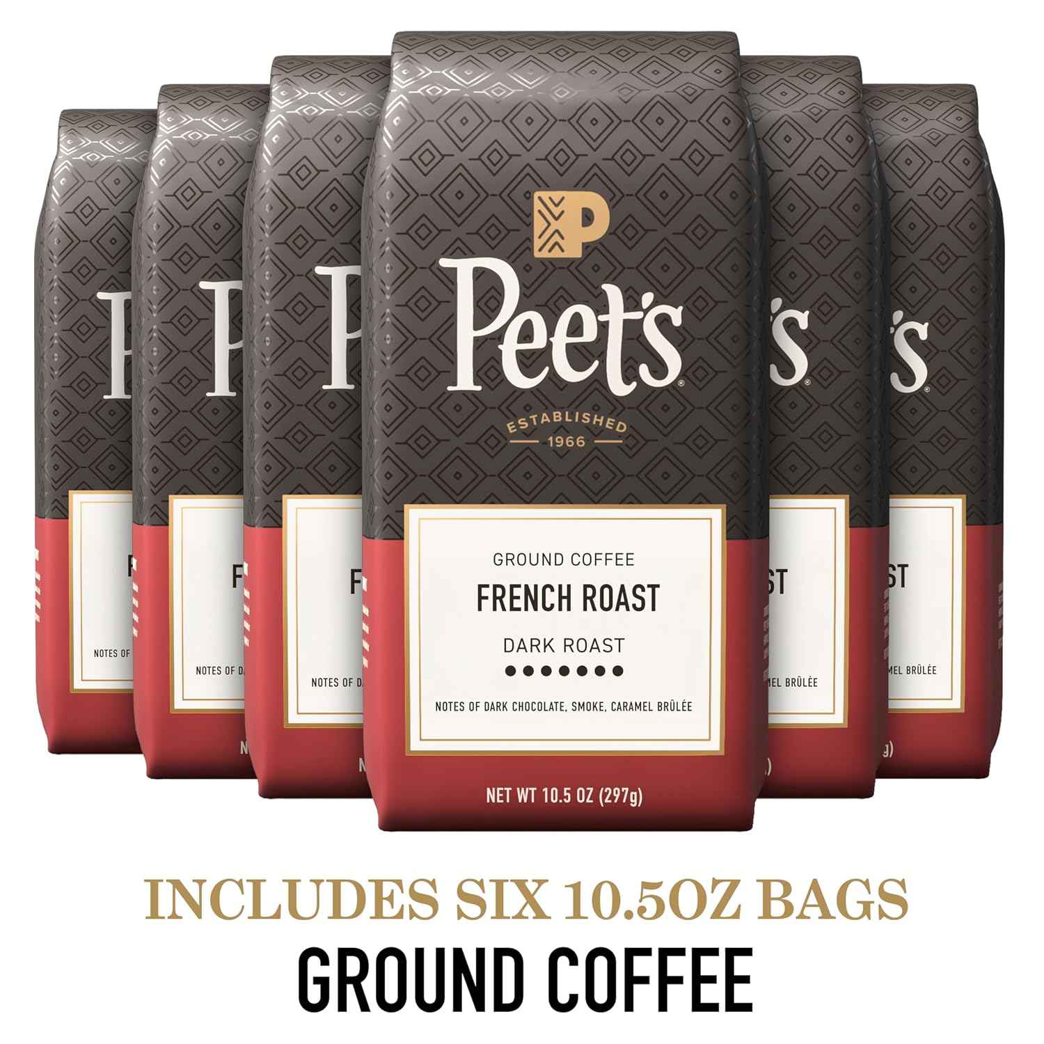 Peet's Coffee, Dark Roast Ground Coffee, 100% Arabica Coffee - French Roast 63 Ounces (6 Bags of 10.5 Ounces)