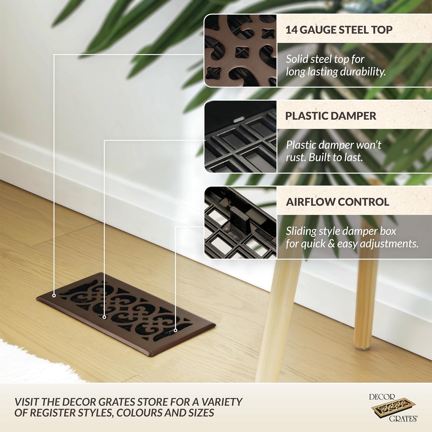 Decor Grates Metal Scroll Decorative Air Vent Cover 3x10 Floor Register – Adjustable Control Lever – AC Floor Vent Covers for Home Floor Vents – Fits 3 x 10 Inch Opening – Rubbed Bronze (SPH310-RB)
