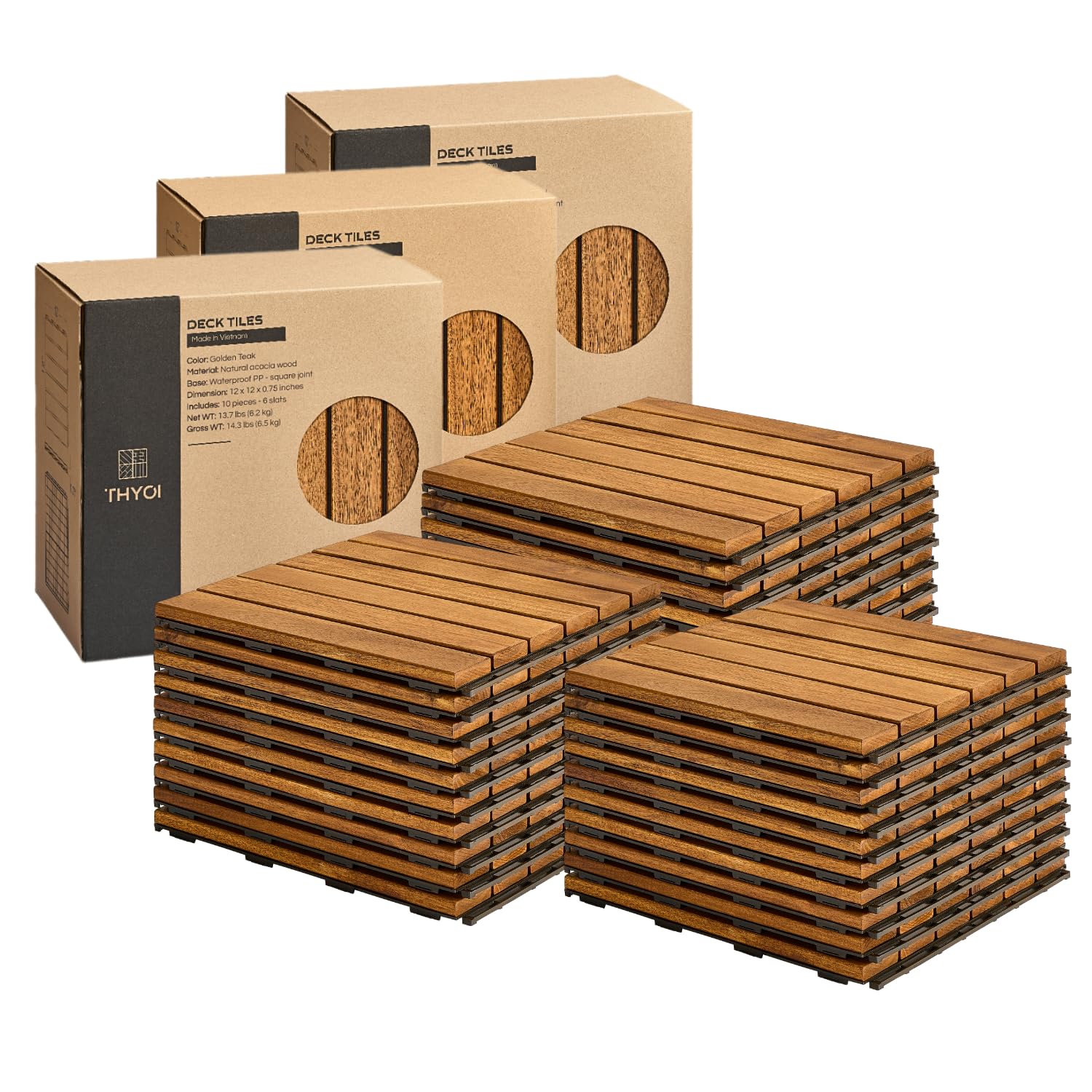 Premium Group Deck Tiles, Patio Flooring - Outdoor Waterproof Acacia Wood Tiles for All Weather Use - Balcony, Backyard, Indoor & Outdoor (Golden Teak, Set 30 Striped Pattern)