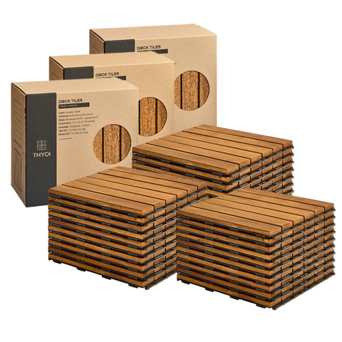 Premium Group Deck Tiles, Patio Flooring - Outdoor Waterproof Acacia Wood Tiles for All Weather Use - Balcony, Backyard, Indoor & Outdoor (Golden Teak, Set 30 Striped Pattern)
