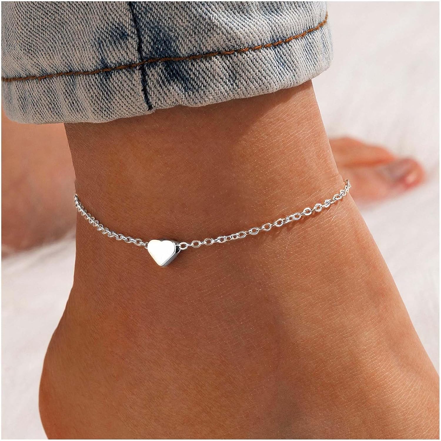 ChicSilver Personalized 925 Sterling Silver Tiny Heart/Moon/Star/Sun/Dot/Triangle Anklets Simple Dainty Foot Jewelry for Women, Silver/Gold Plated/Rose Gold Plated