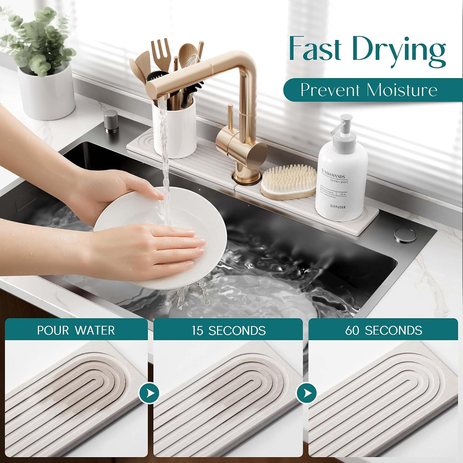 Eormoe Faucet Mat for Kitchen Sink – Diatomite Stone Drying Mat & Sink Protectors, Prevent Moisture – Sink Splash Guard Water-Absorbing Stone Tray for Bathroom Counter (Light Grey, 23.6" x 3.9")