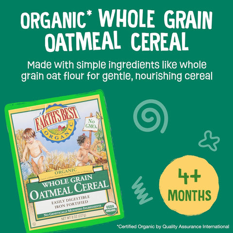 Earth's Best Organic Baby Food, Organic Whole Grain Oatmeal Baby Cereal, Infant Cereal for 4+ Months, Clean Label Project Purity Awarded, Non-GMO, Iron Fortified, Easily Digestible, 8 oz (Pack of 12)