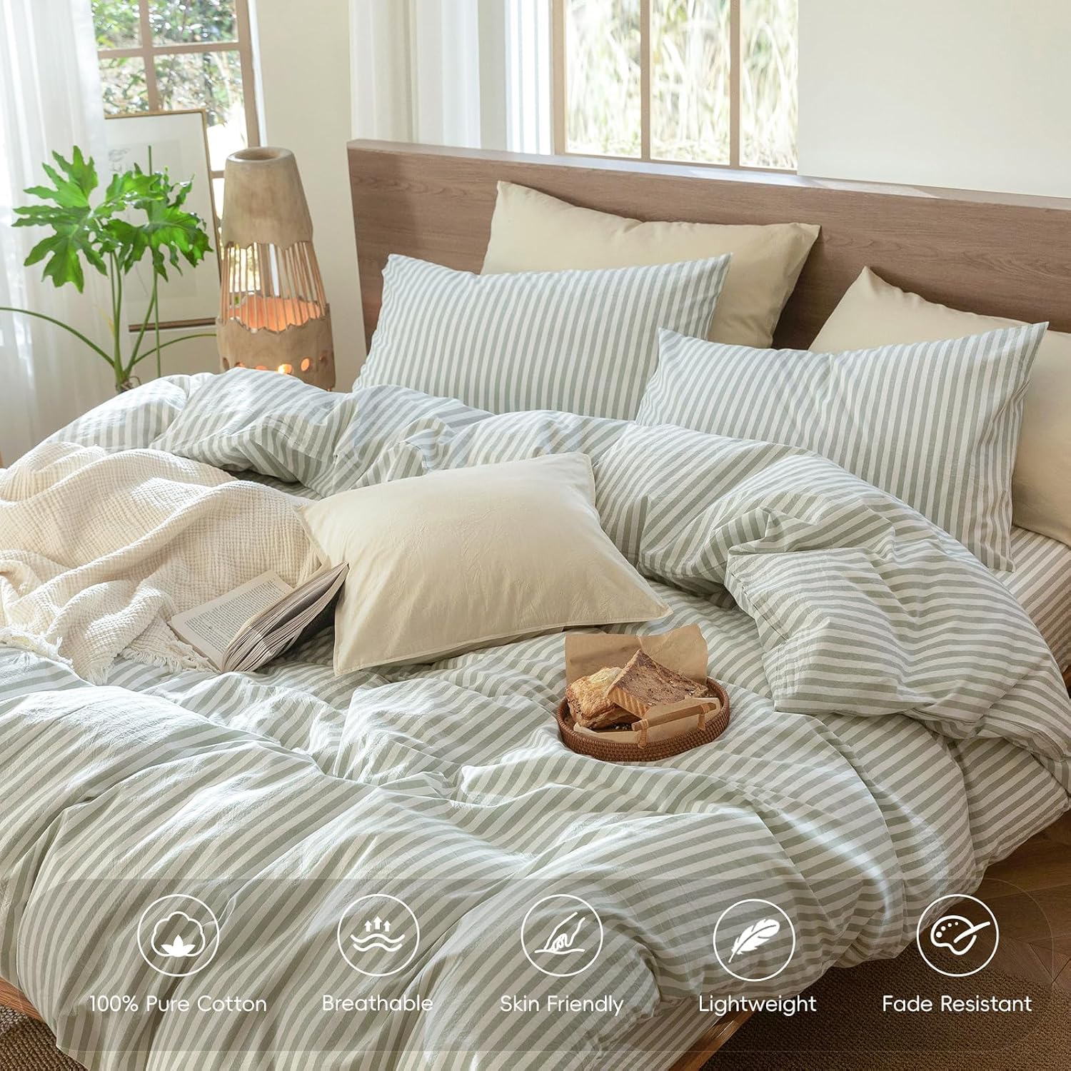 MooMee Striped Duvet Cover Set 100% Washed Cotton Linen Like King