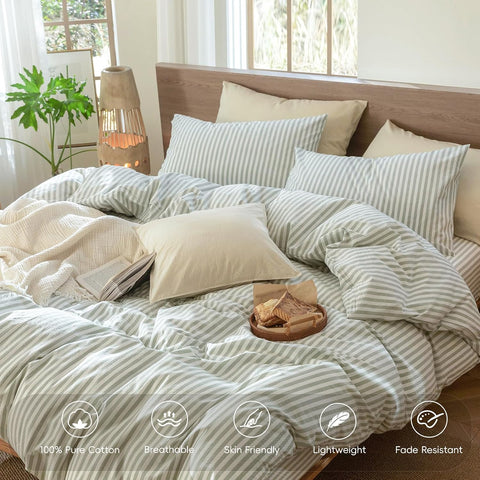 MooMee Striped Duvet Cover Set 100% Washed Cotton Linen Like King