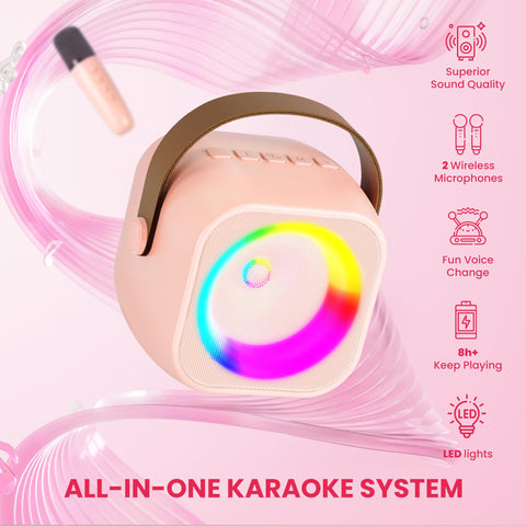 Mini Karaoke Machine for Kids Adults, Portable Bluetooth Speaker with Wireless Microphone, for Girls 4,5,6,7,8,9,10,12 Year Old Karaoke Toys Birthday Gifts Home Party (Pinkcolor 1 Mic)