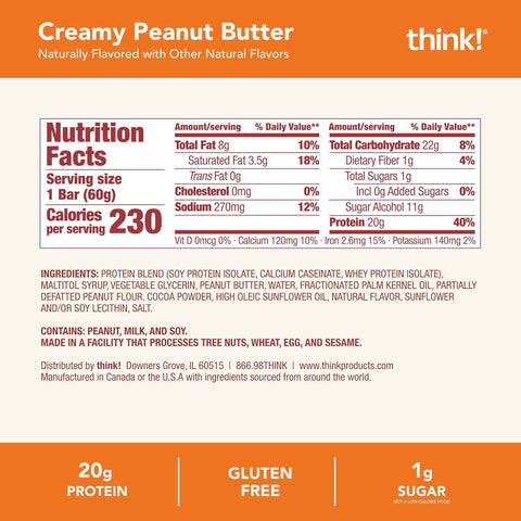think! High Protein Bar, Creamy Peanut Butter, 30 Count
