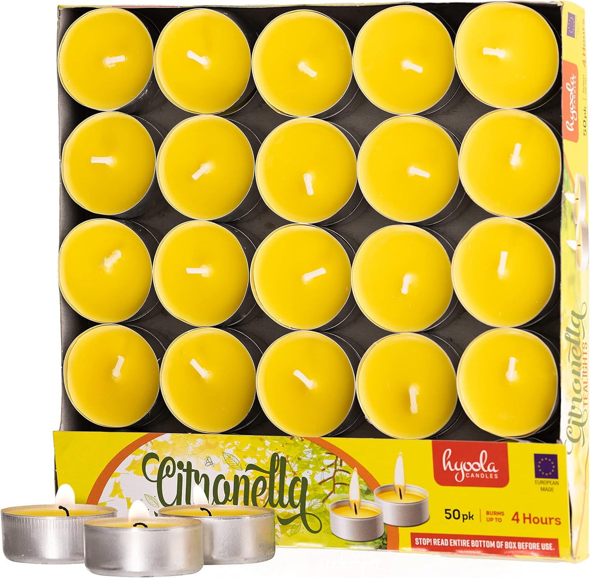 Hyoola Tealight Citronella Candles - Anti Mosquito Candle - 4 Hour Burn - 50 Pack - DEET Free