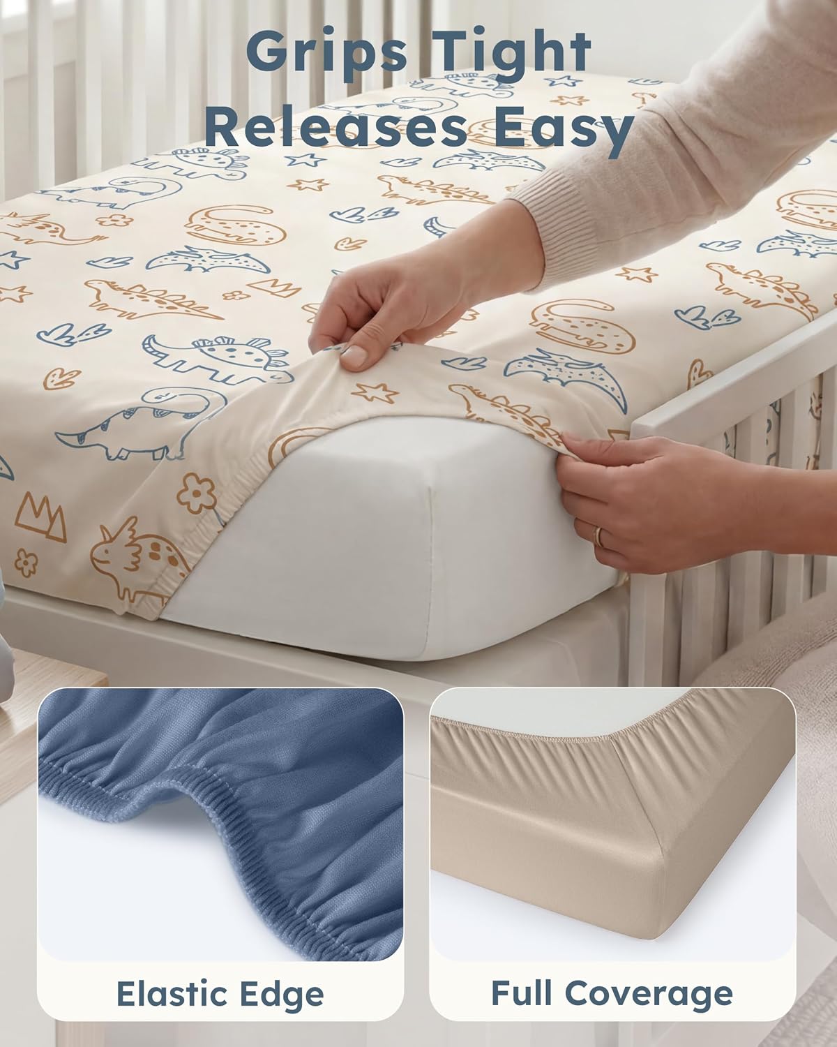 Baby Crib Sheets for Boys Girls, Toddler Bed Sheets Fitted for 52"x28" Standard Crib and Toddler Mattresses, 4 Pack Soft Stretchy Microfiber Khaki Blue Dinosaur