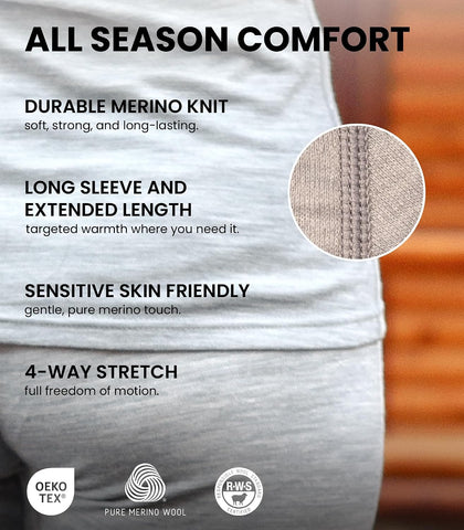 100% Merino Wool Base Layer Women - Long Sleeve Thermal Shirt with Socks