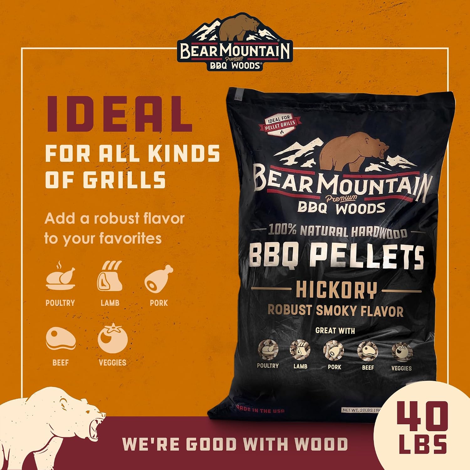 Bear Mountain Hickory Wood Pellets for Smoker and Grill, 40lb Bag