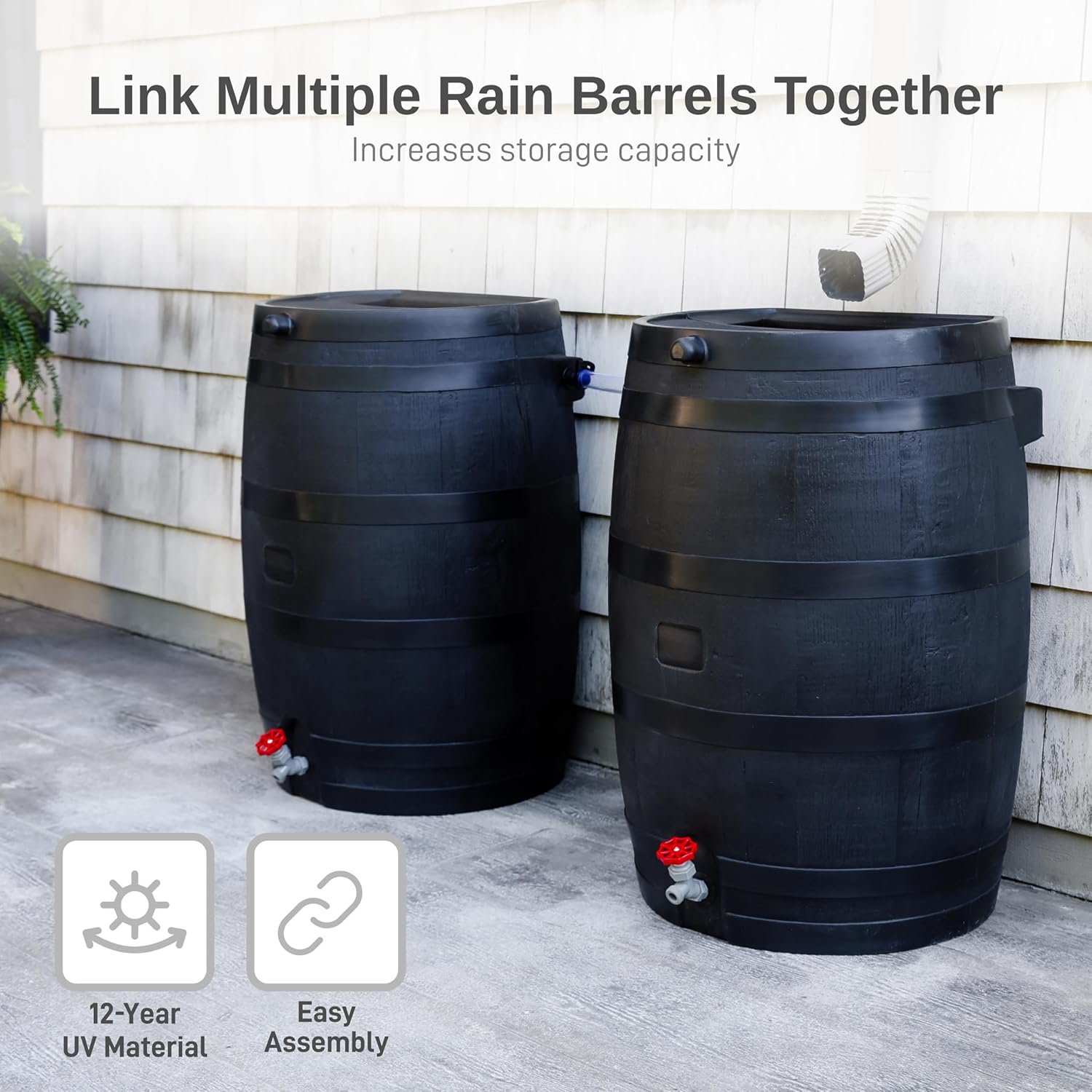 RTS Home Accents 50-Gallon ECO Rain Barrel Made with 100% Recycled Plastic, Flat Back Rain Water Collection Barrel, Stand Included, Black