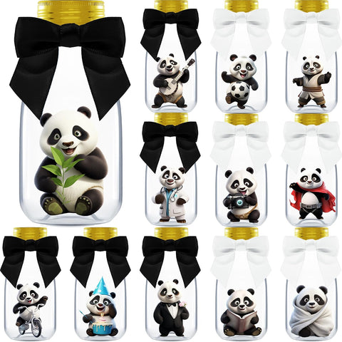 Ethisa Small 12 Pack Panda Party Favors - DIY Candy Jars with Ribbons and Stickers - Party Decoration Bottles for Birthday and Baby Shower - Panda Table Centerpieces