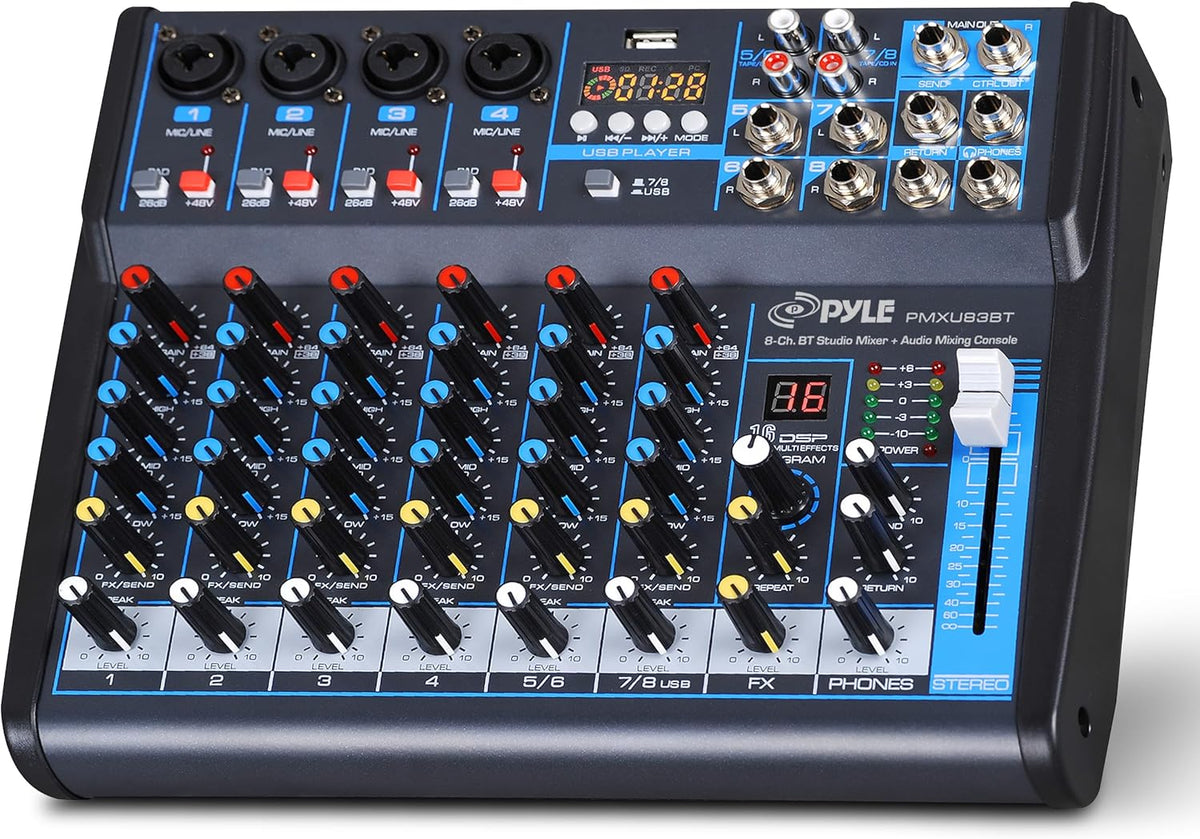 Pyle 8 Channel DJ Audio Mixer, Bluetooth, DSP FX, USB, Audio Interface
