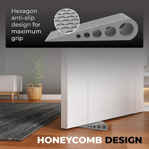 Door Stoppers for Bottom of Door Premium Floor Rubber Door Stop Wedge Made in USA Heavy Duty Honeycomb Design for Carpet, Tile, Ideal for Home, School, Commercial, Gray 2-Pack