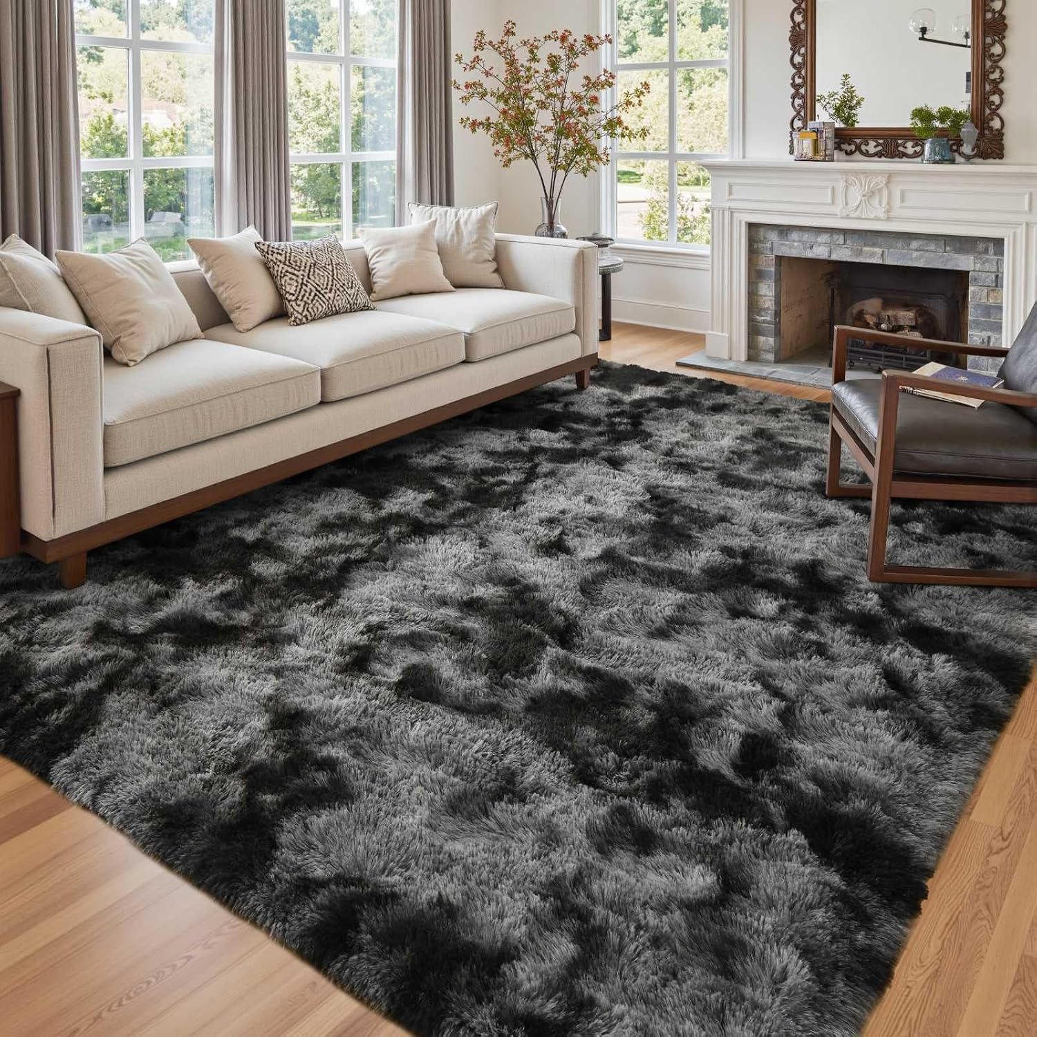 7x10 Ft Extra Large Shag Rugs for Living Room, Tie Dyed Ultra Soft Fluffy Furry Area Rugs for Bedroom Indoor Floor, Aesthetic Carpet for Kids Home Decor (Dark Grey)