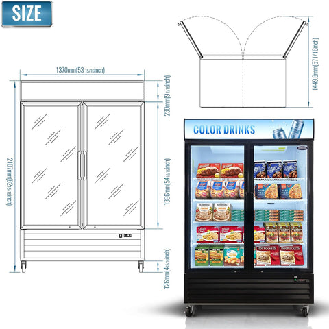 mikibama Glass Door Merchandiser Freezer, 44.7 Cu.ft Swing Door Commercial Reach-In Display Refrigerator with LED Top Panel Upright Freeze Storage, Double Cabinet, Black